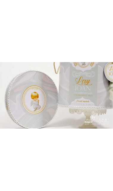 Trusou de botez cu ingeri si broderie personalizata aurie si pattern marble crem mint 7